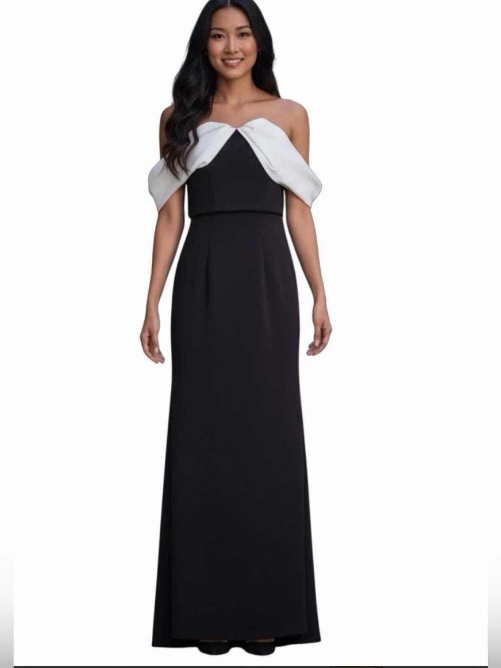 Carmen Marc Valvo Black Gown with White Draped Off-Shoulder Detail